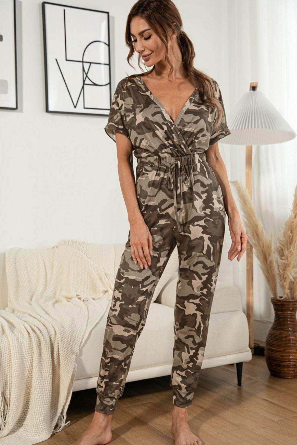 Surplice Neck Tied Short Sleeve Jumpsuit - Trendsi - Flyclothing LLC