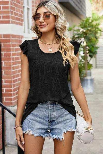 Ruffled Ruched Round Neck Tank - Trendsi - Flyclothing LLC