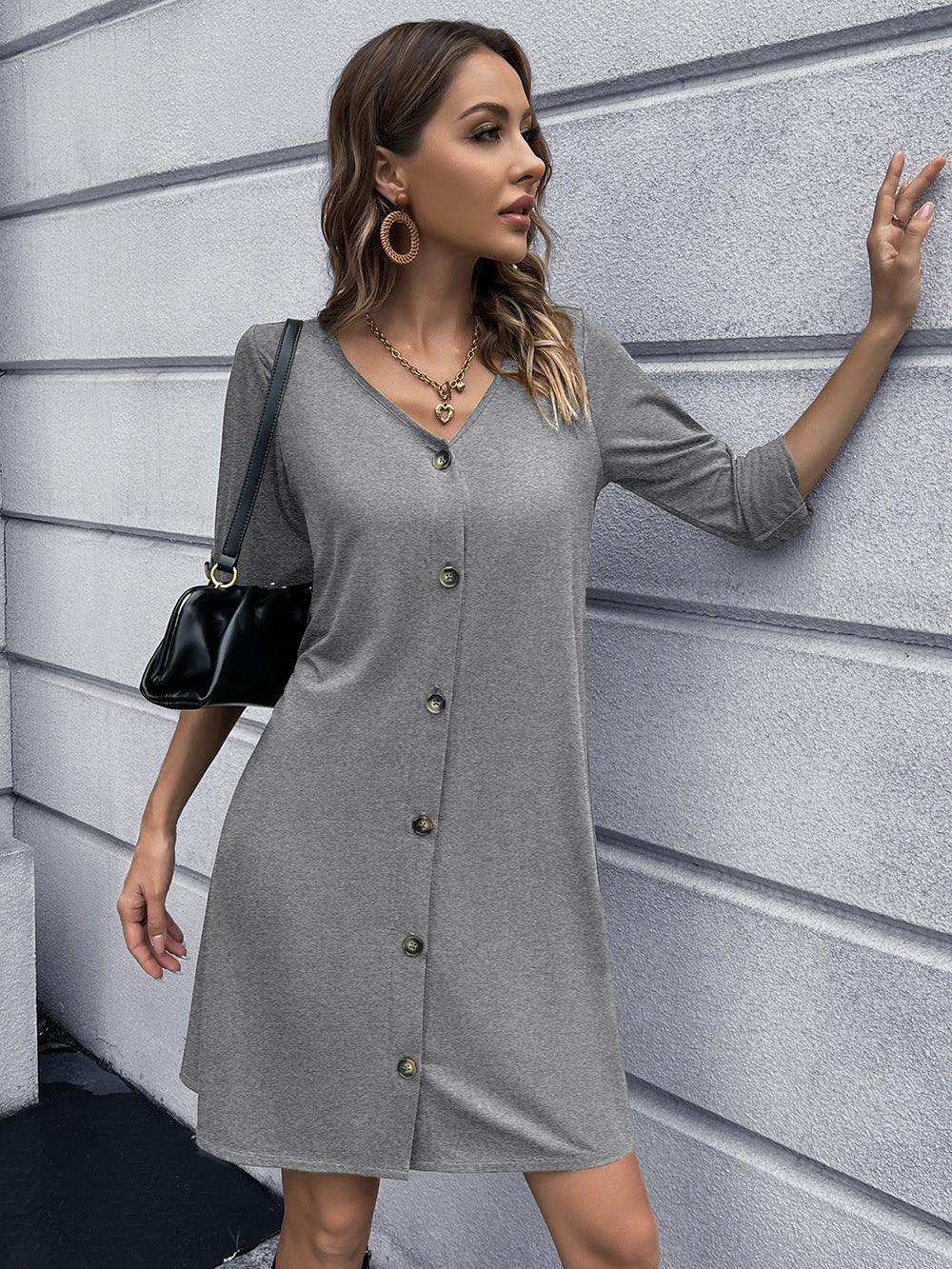 Button Down V-Neck Mini Dress - Trendsi - Flyclothing LLC