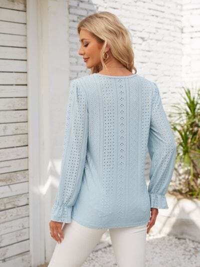 Applique V-Neck Flounce Sleeve T-Shirt - Trendsi - Flyclothing LLC