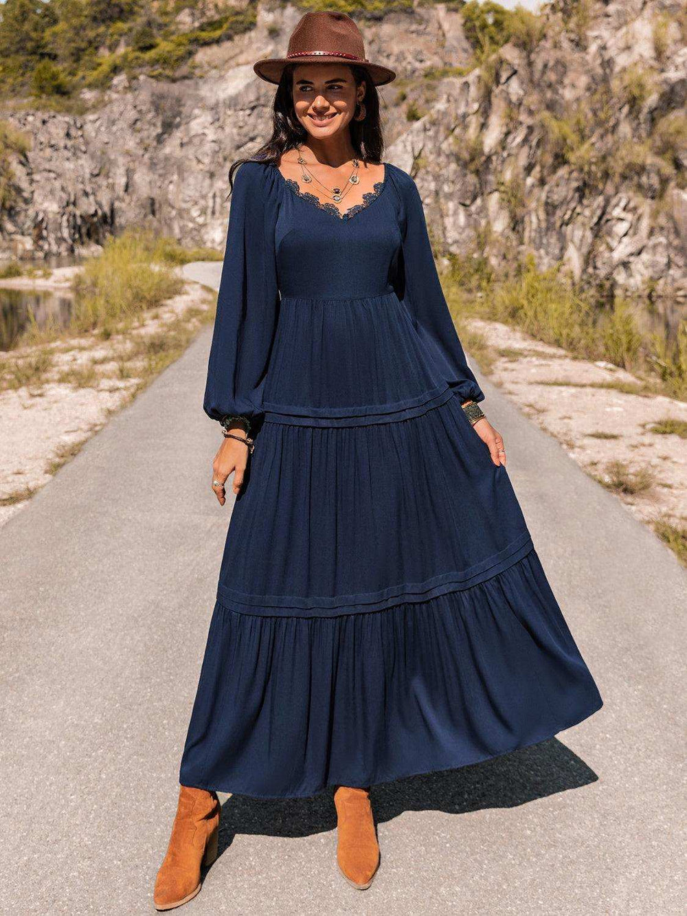 Long Sleeve Lace Trim Maxi Dress - Trendsi - Flyclothing LLC