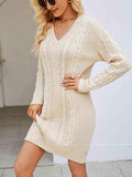Cable-Knit V-Neck Mini Sweater Dress - Trendsi - Flyclothing LLC