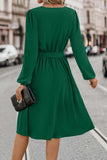 Tie Waist Notched Neck Long Sleeve Dress - Trendsi - Flyclothing LLC
