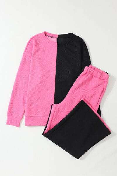 Color Block Round Neck Sweatshirt and Pants Set - Trendsi - Flyclothing LLC