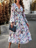 Printed V-Neck Long Sleeve Midi Dress - Trendsi - Flyclothing LLC