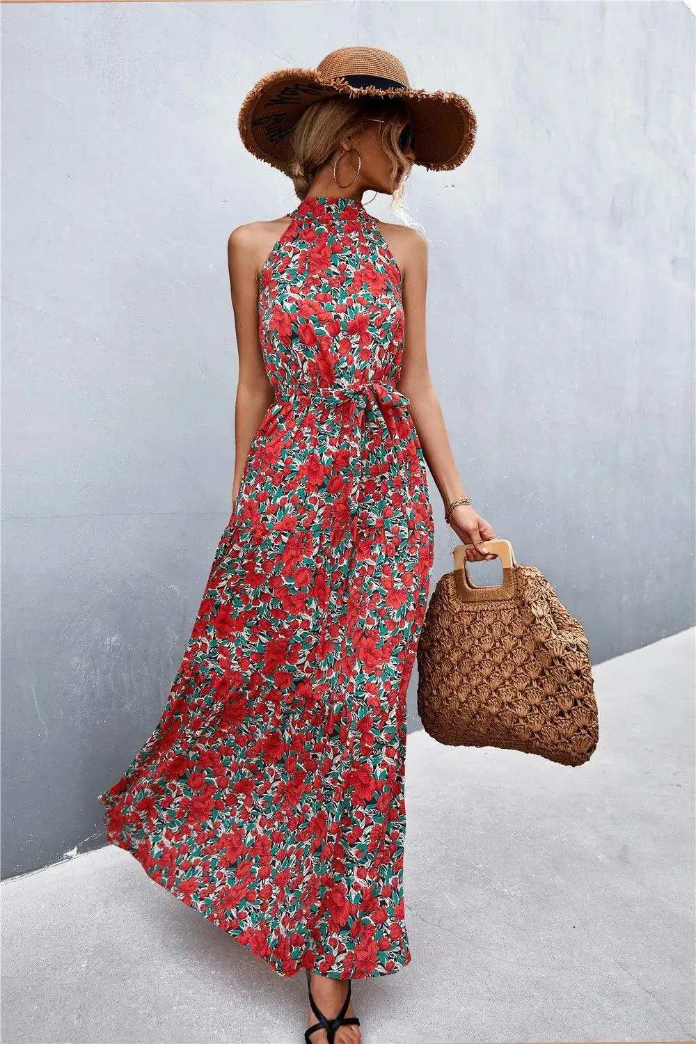 Printed Sleeveless Tie Waist Maxi Dress - Trendsi - Flyclothing LLC