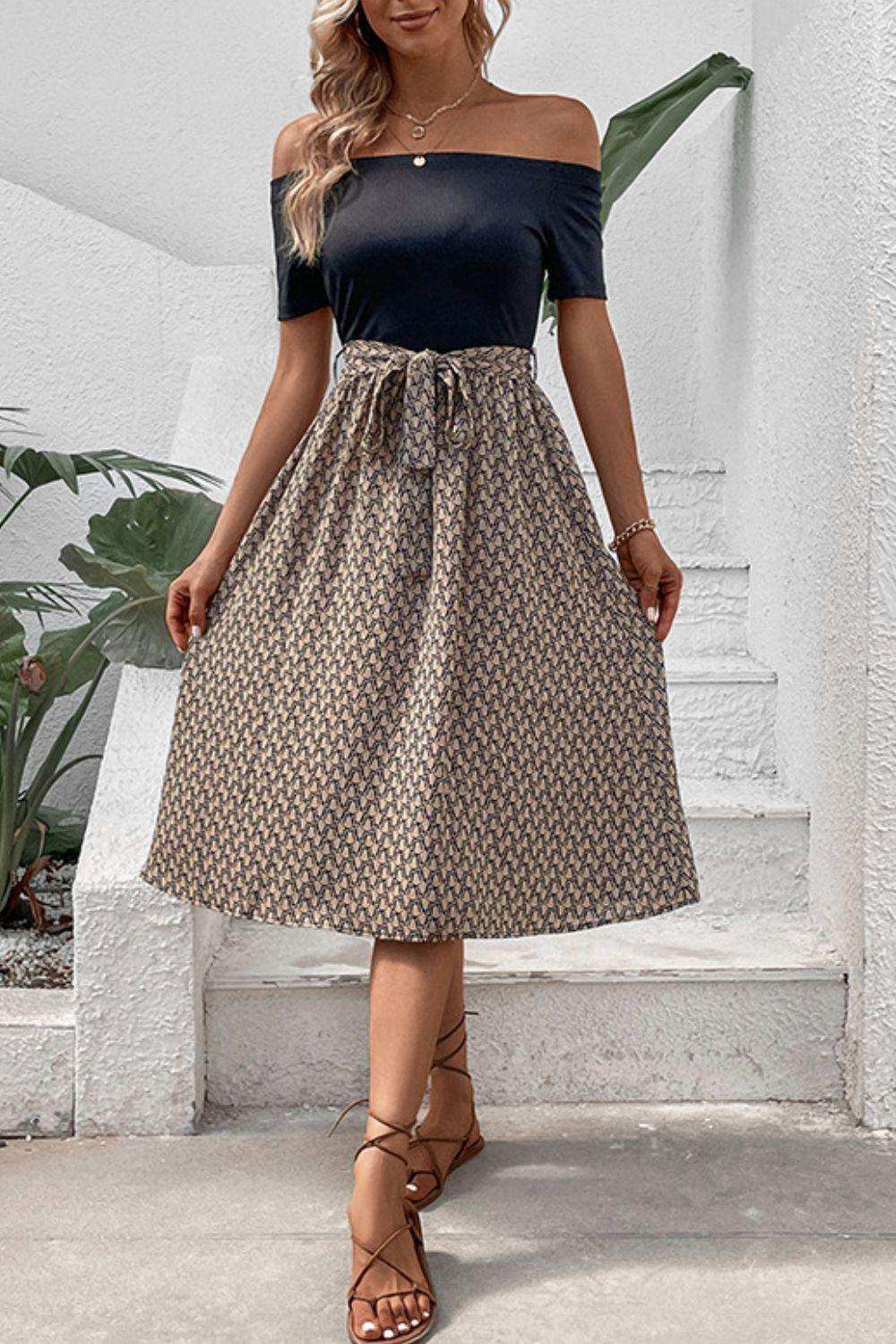 Printed Tie Belt Off-Shoulder Dress - Trendsi - Flyclothing LLC