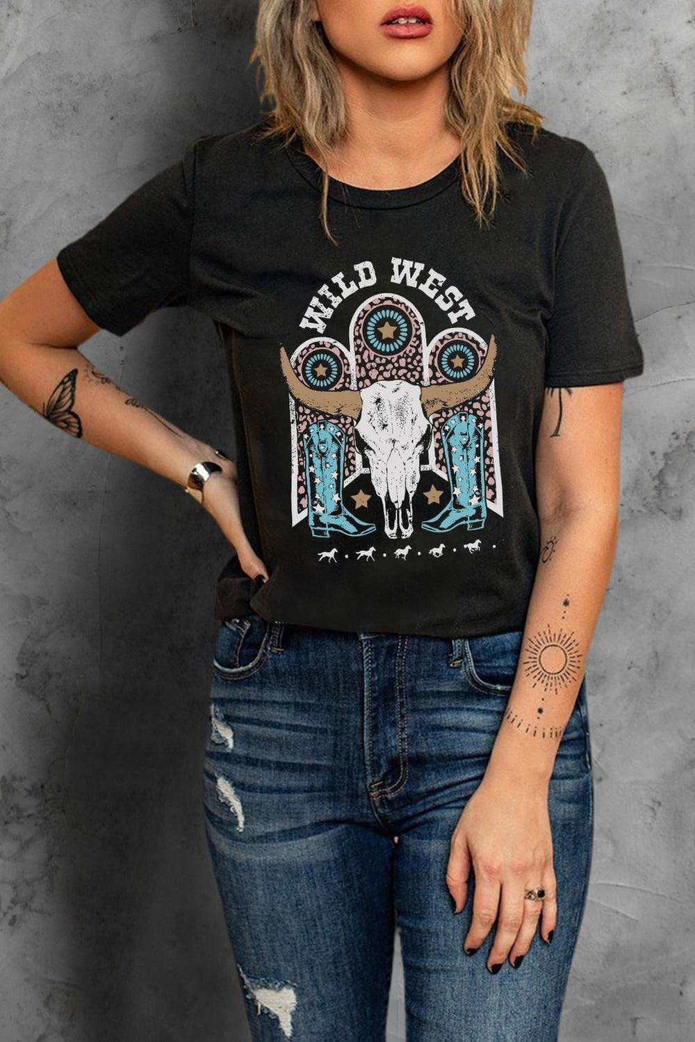 WILD WEST Graphic Short Sleeve Tee Shirt - Trendsi - Flyclothing LLC