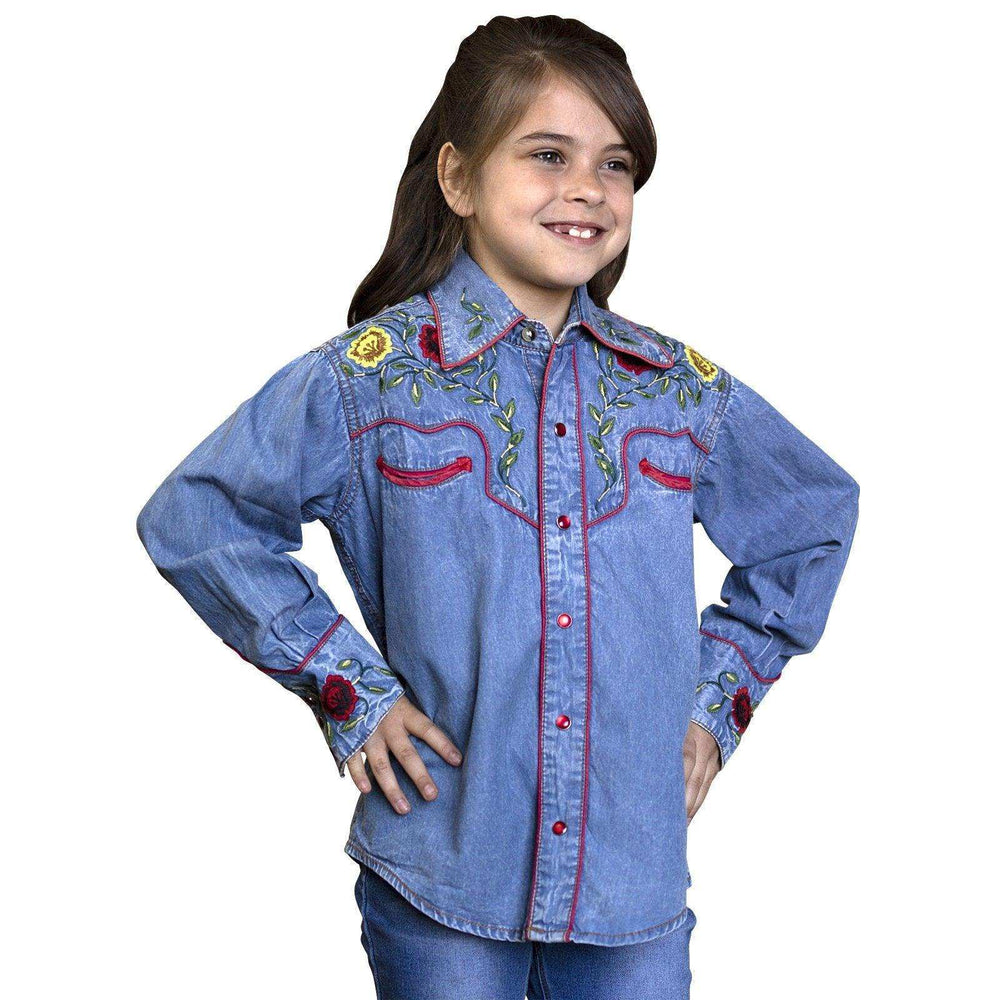 Kid's Vintage Floral Embroidery Denim Western Shirt - Rockmount Clothing - Flyclothing LLC