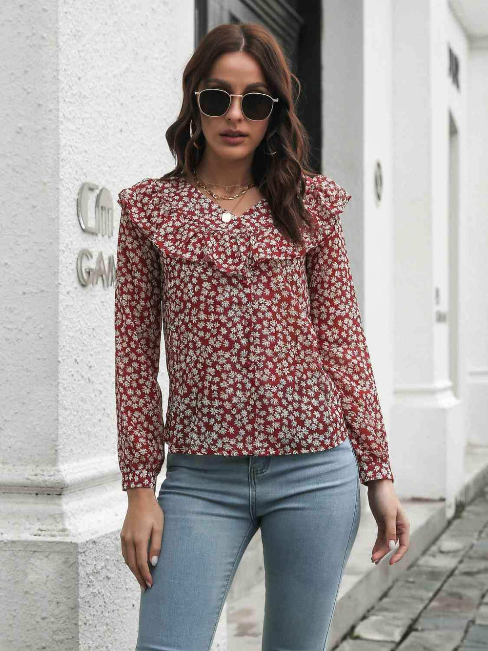 Printed Statement Collar Long Sleeve Blouse - Trendsi - Flyclothing LLC