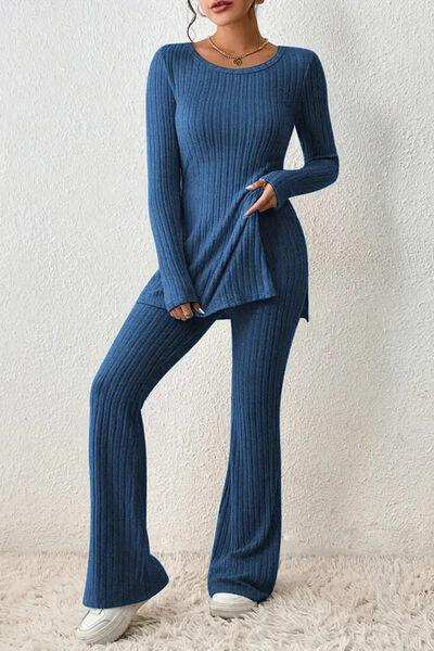 Ribbed Long Sleeve Slit Top and Bootcut Pants Set - Trendsi - Flyclothing LLC