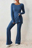 Ribbed Long Sleeve Slit Top and Bootcut Pants Set - Trendsi - Flyclothing LLC