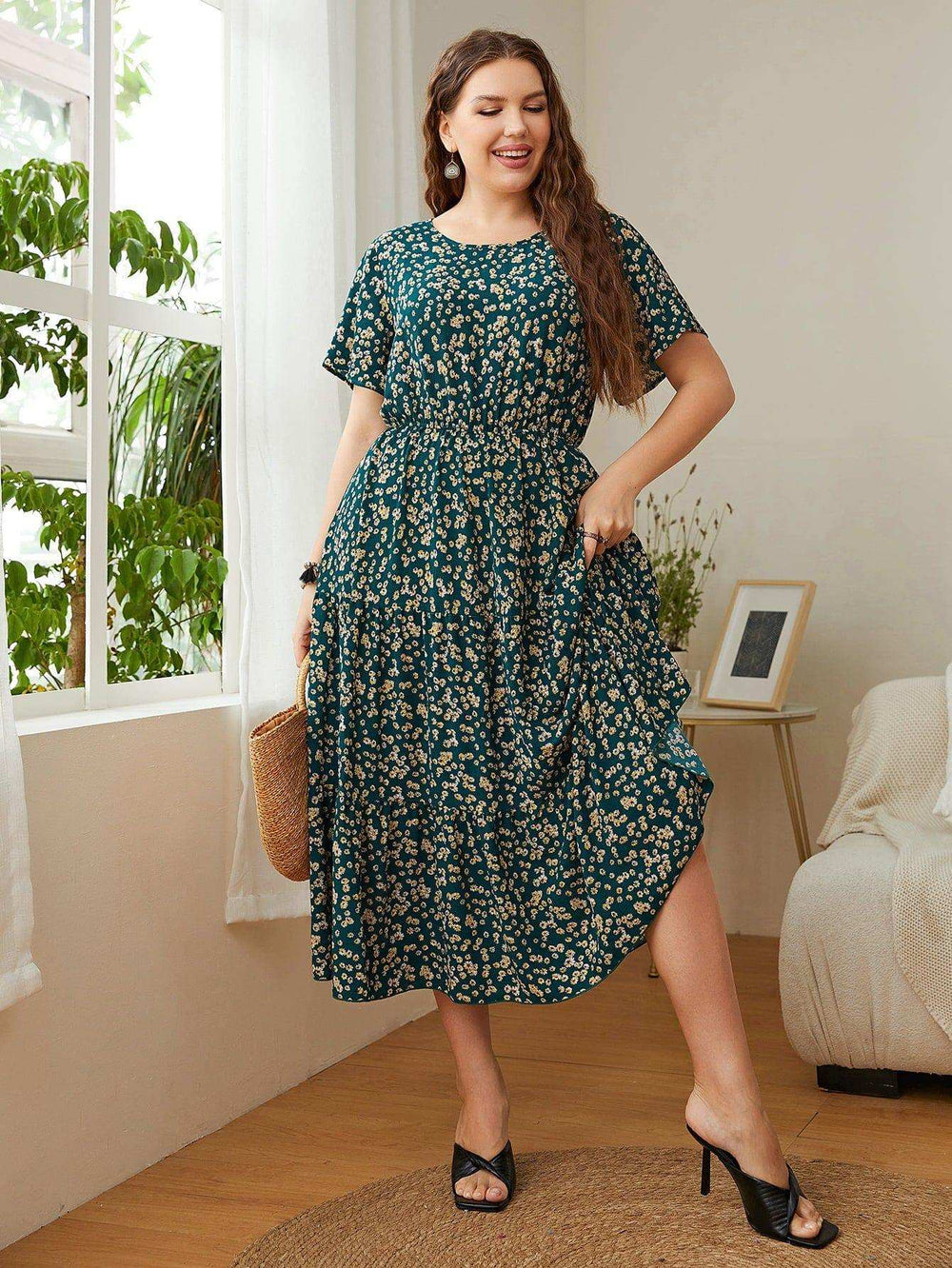 Plus Size Floral Round Neck Short Sleeve Midi Dress - Trendsi - Flyclothing LLC