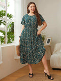 Plus Size Floral Round Neck Short Sleeve Midi Dress - Trendsi - Flyclothing LLC