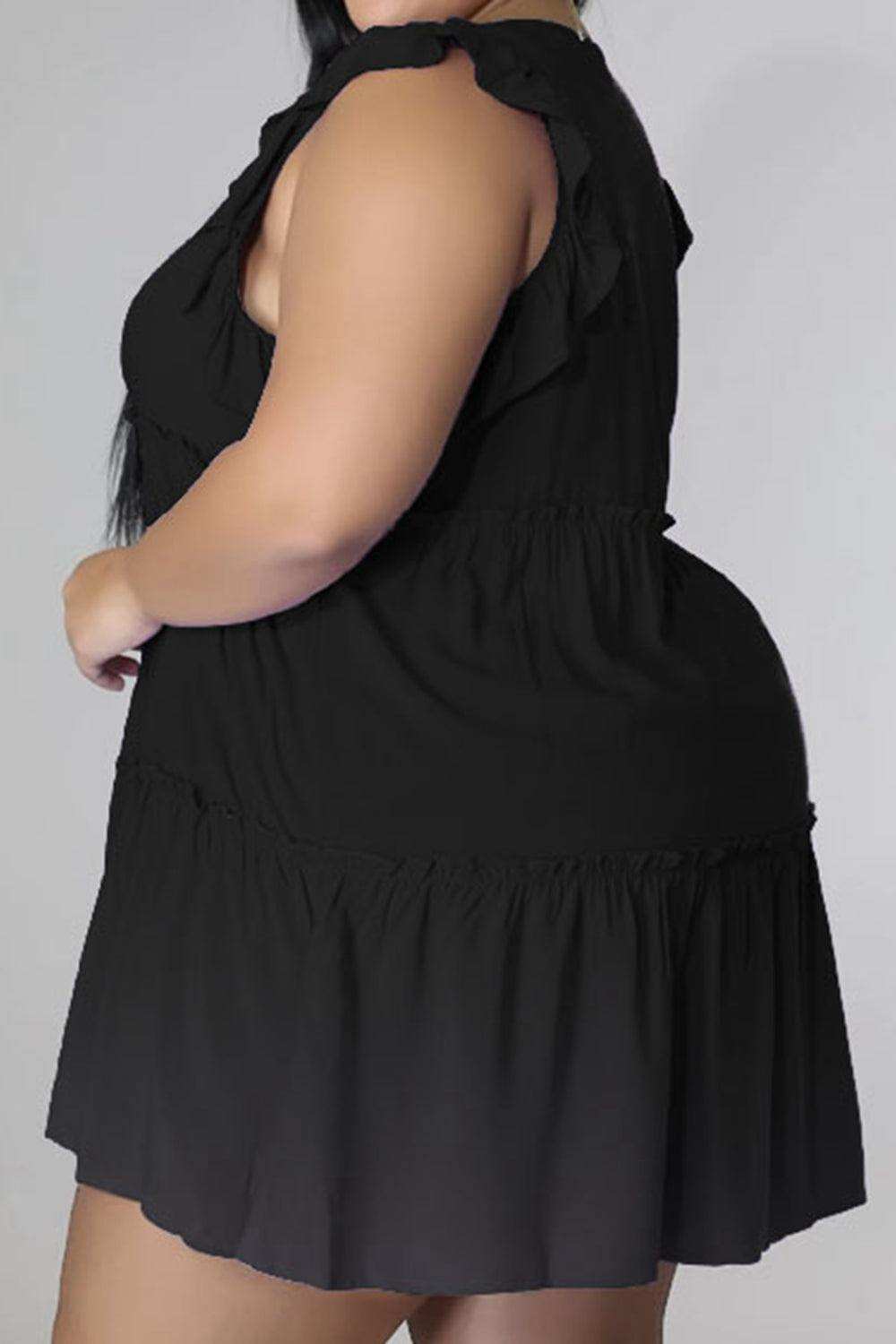Plus Size V-Neck Frill Trim Mini Dress - Trendsi - Flyclothing LLC