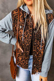 Leopard Distressed Drawstring Hooded Denim Jacket - Trendsi - Flyclothing LLC