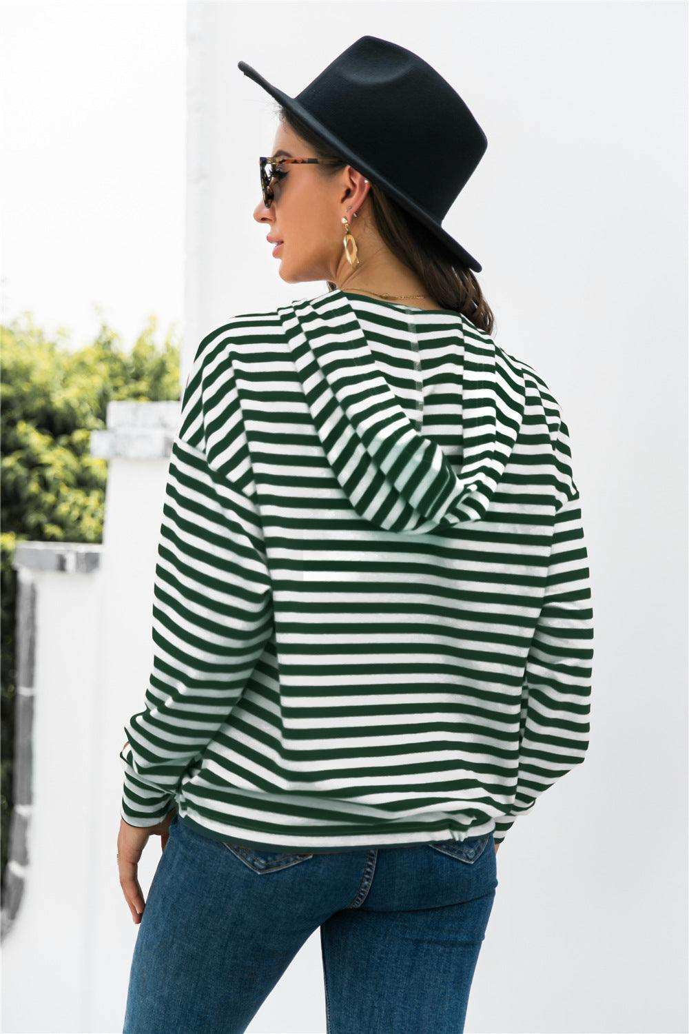 Striped Half-Button Dropped Shoulder Hoodie - Trendsi - Flyclothing LLC