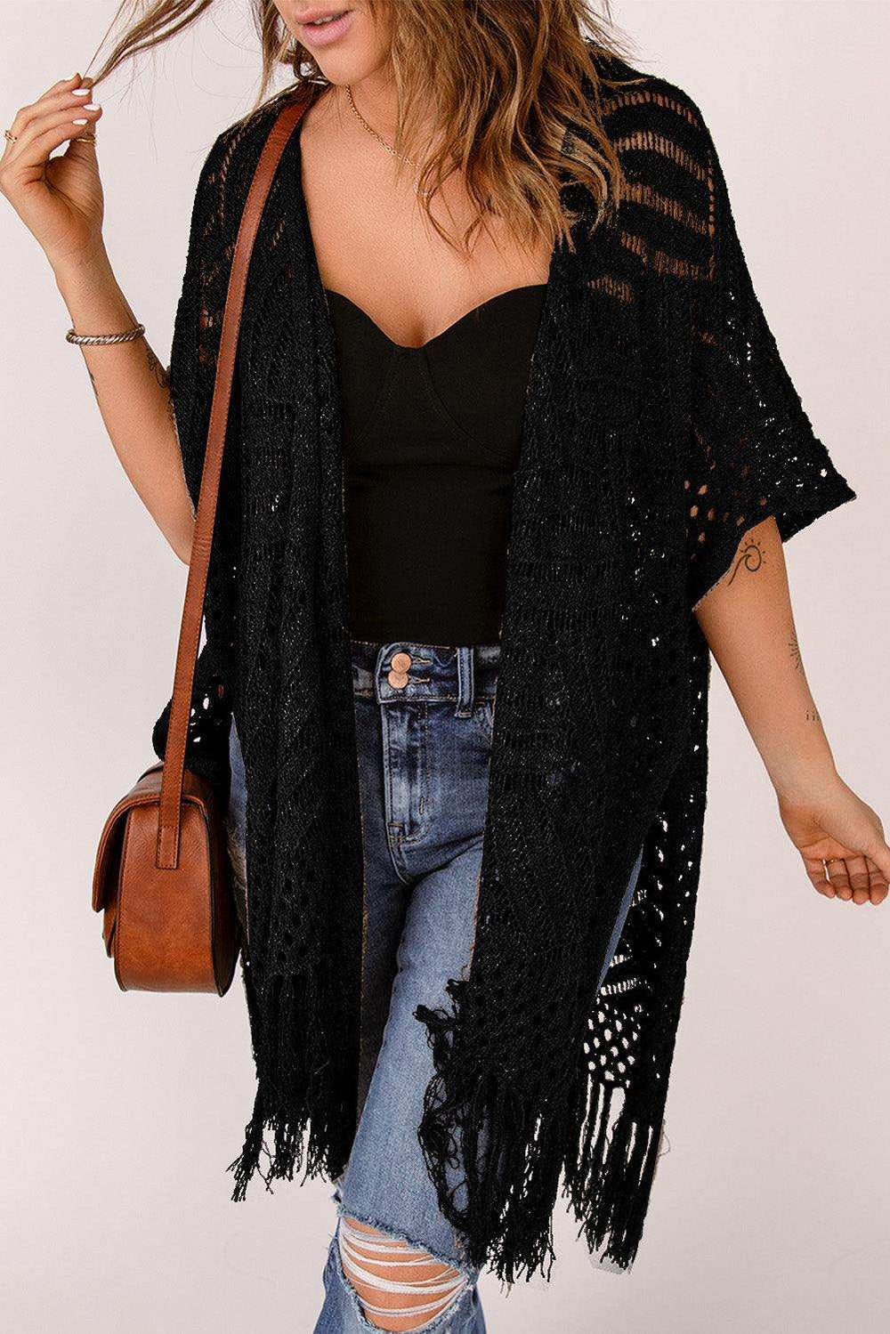 Fringe Hem Slit Open Front Cardigan - Trendsi - Flyclothing LLC