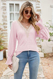 Eyelet V-Neck Smocked Flounce Sleeve Blouse - Trendsi - Flyclothing LLC