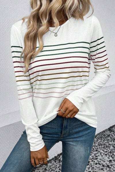 Striped Round Neck Long Sleeve T-Shirt - Trendsi - Flyclothing LLC