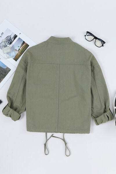 Drawstring Snap Down Dropped Shoulder Denim Jacket - Trendsi - Flyclothing LLC