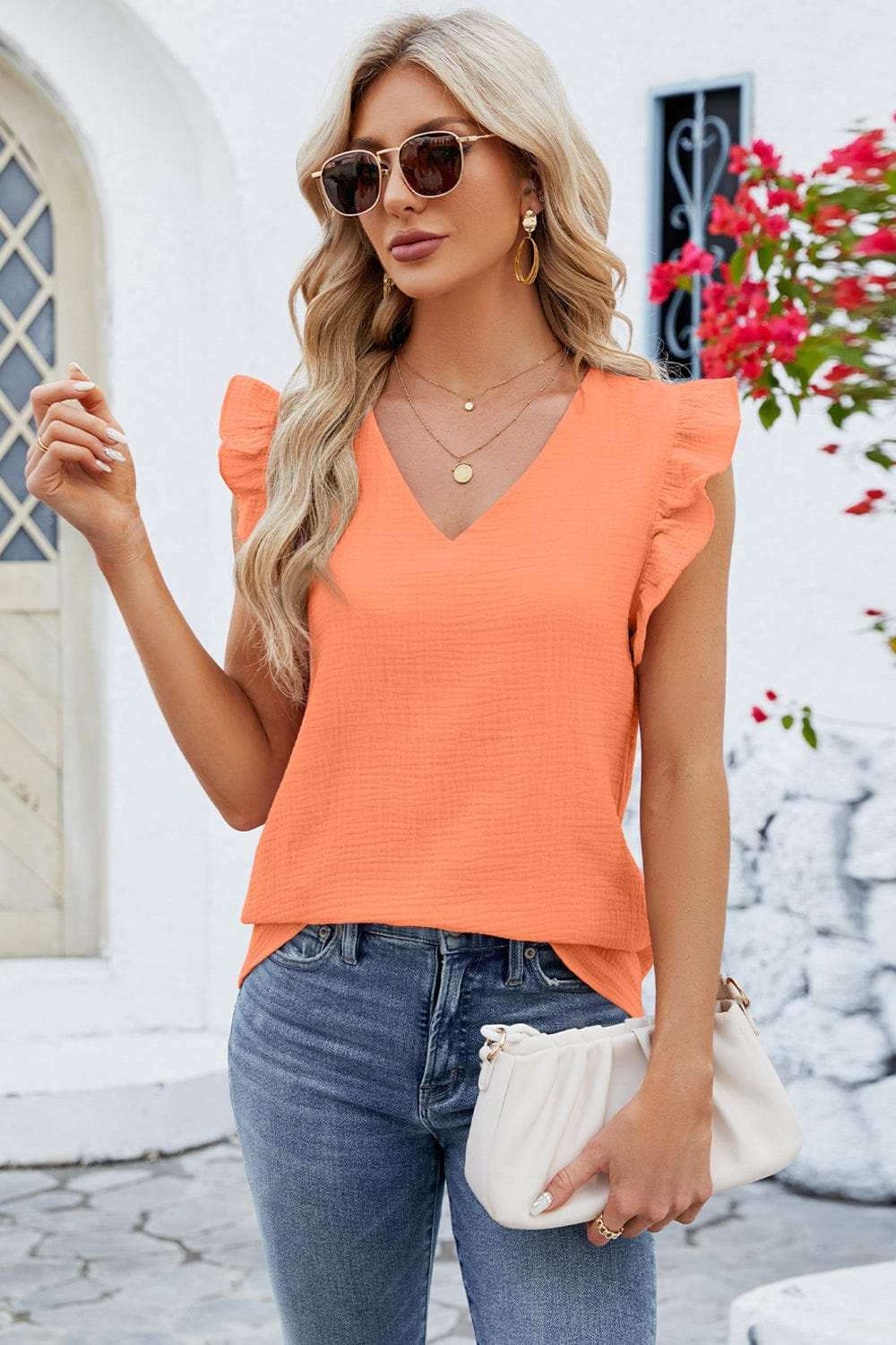 Ruffled V-Neck Cap Sleeve Blouse - Trendsi - Flyclothing LLC