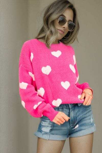 Heart Round Neck Dropped Shoulder Sweater - Trendsi - Flyclothing LLC