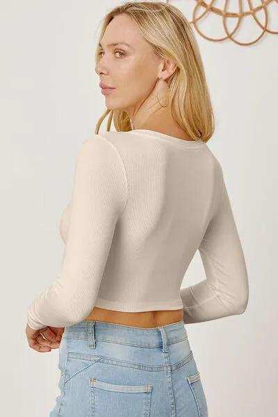 Round Neck Long Sleeve Cropped T-Shirt - Trendsi - Flyclothing LLC