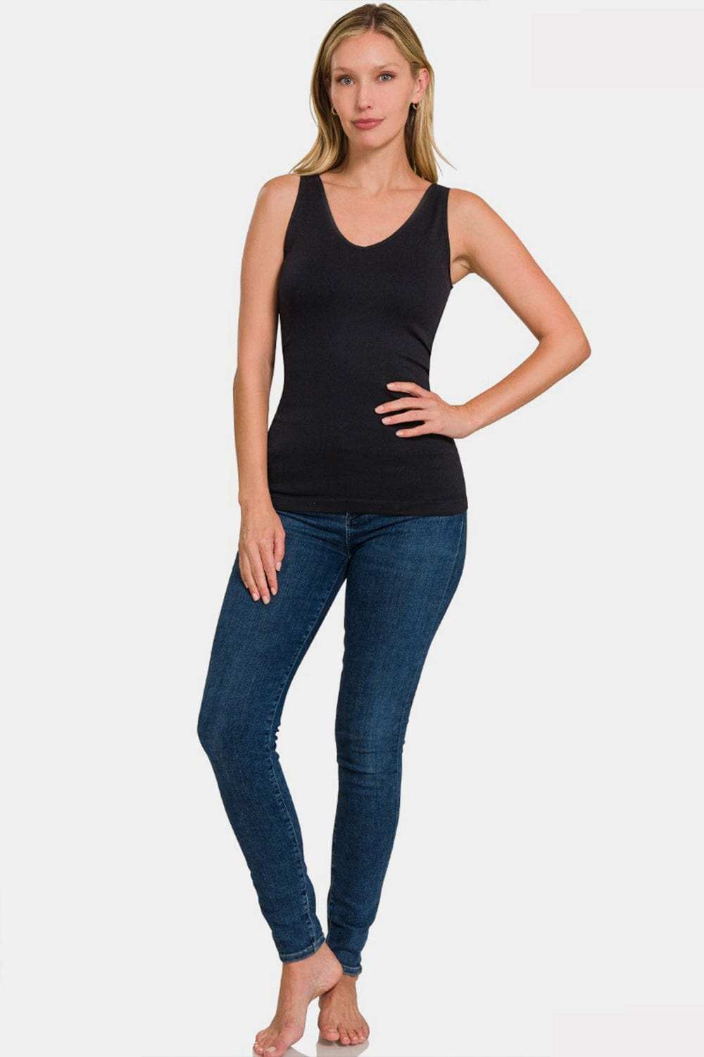 Zenana FRONT & BACK 2-WAY V-NECK / U-NECK SEAMLESS TANK - Trendsi - Flyclothing LLC