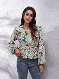 Floral V-Neck Balloon Sleeve Peplum Blouse - Trendsi - Flyclothing LLC