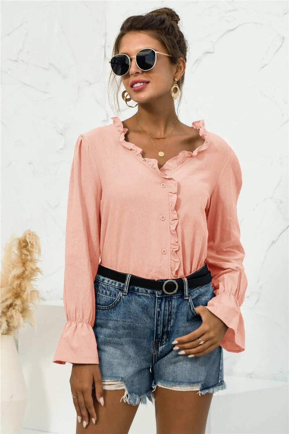 Frill Trim V-Neck Flounce Sleeve Shirt - Trendsi - Flyclothing LLC