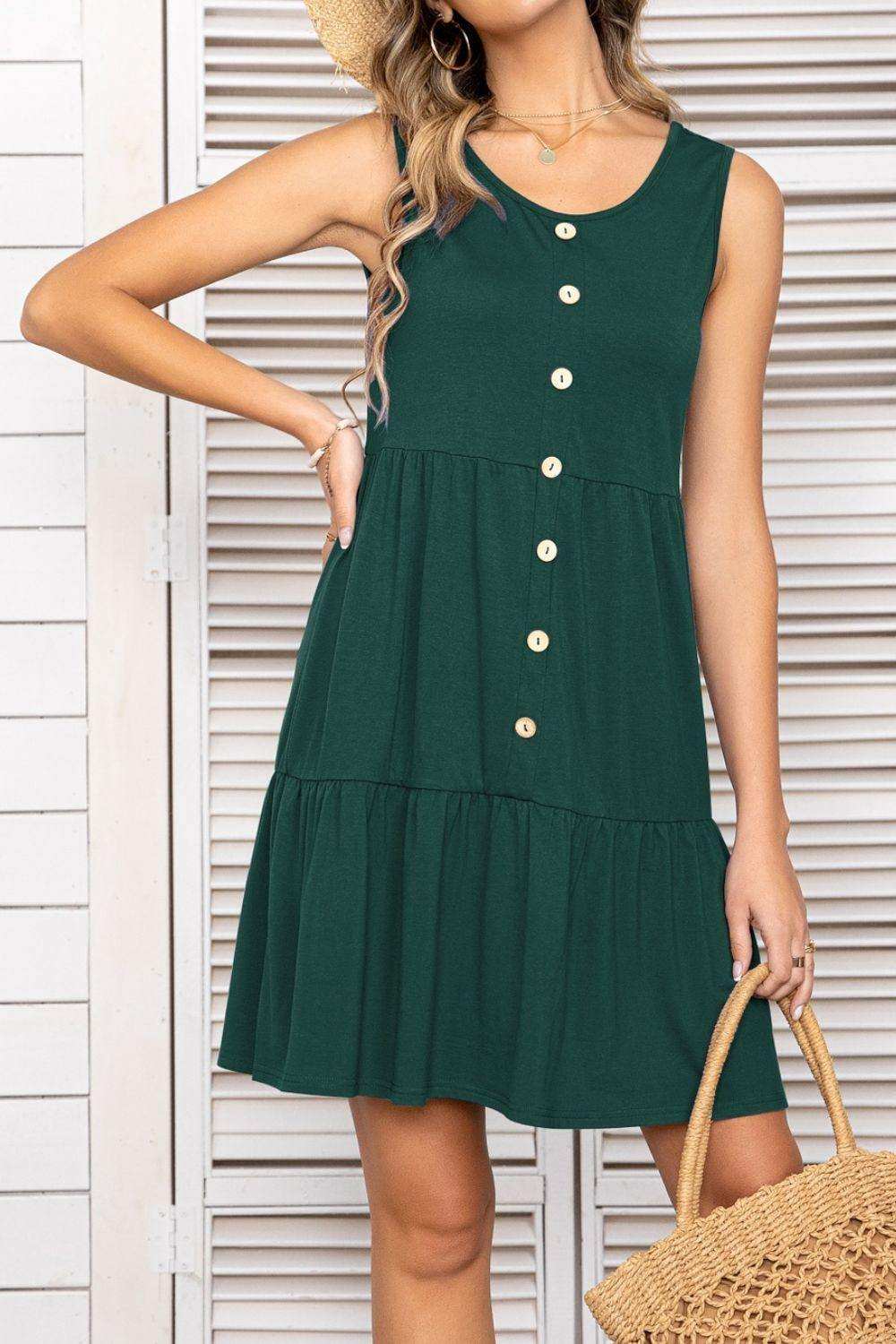 Decorative Button Scoop Neck Sleeveless Tiered Dress - Trendsi - Flyclothing LLC