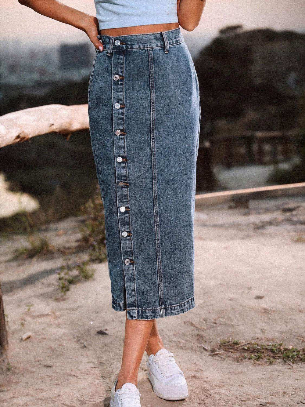 Button Down Denim Skirt - Trendsi - Flyclothing LLC