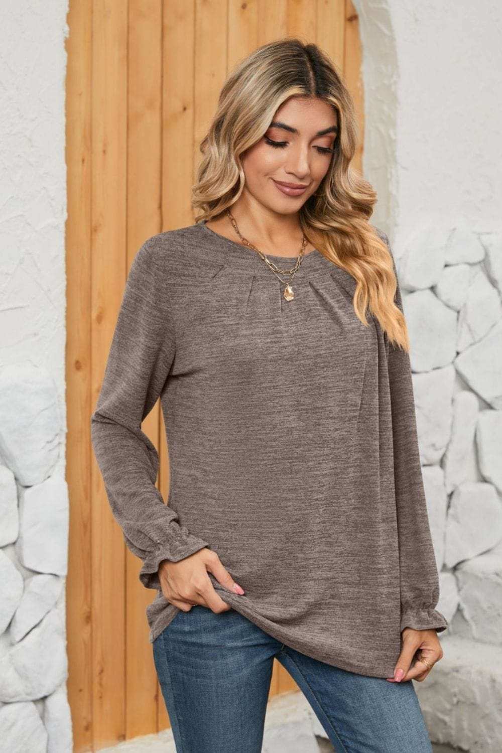 Ruched Round Neck Flounce Sleeve T-Shirt - Trendsi - Flyclothing LLC