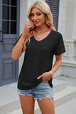 Eyelet V-Neck Short Sleeve T-Shirt - Trendsi - Flyclothing LLC