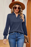 Decorative Button Johnny Collar Lantern Sleeve Blouse - Trendsi - Flyclothing LLC
