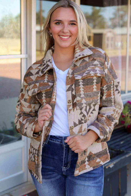 Geometric Dropped Shoulder Collared Jacket - Trendsi - Flyclothing LLC