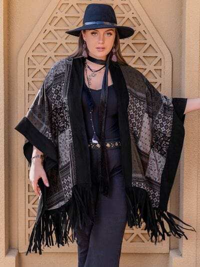 Plus Size Printed Fringe Open Front Outerwear - Trendsi - Flyclothing LLC