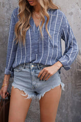Striped V-Neck High-Low Shirt with Breast Pocket - Flyclothing LLC