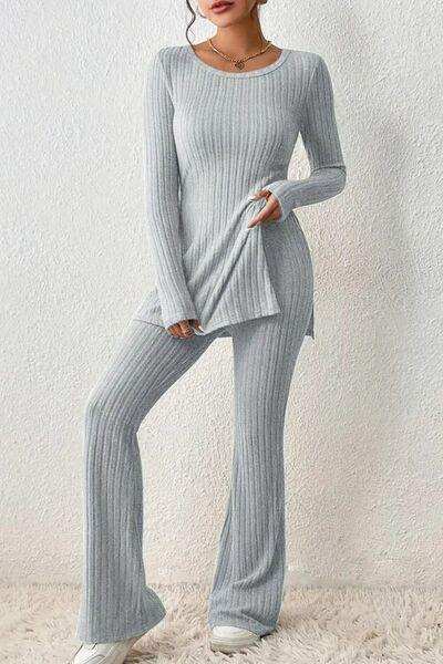 Ribbed Long Sleeve Slit Top and Bootcut Pants Set - Trendsi - Flyclothing LLC