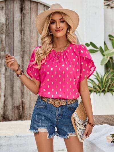 Printed Round Neck Petal Sleeve Blouse - Trendsi - Flyclothing LLC