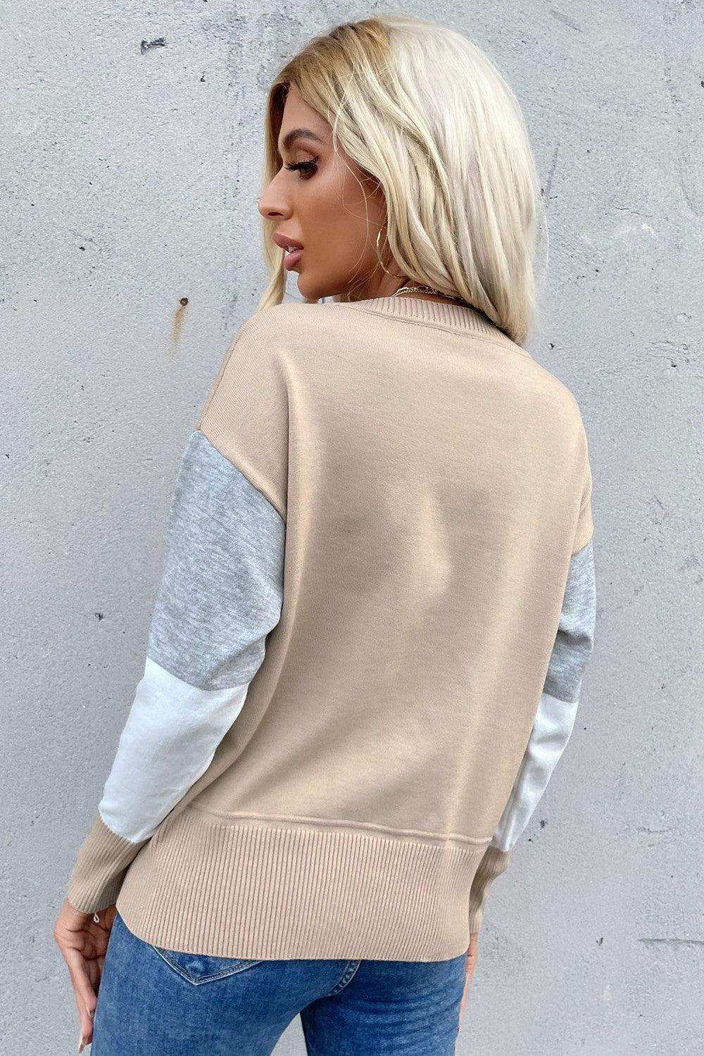 Color Block Ribbed Trim Round Neck Knit Pullover - Trendsi - Flyclothing LLC