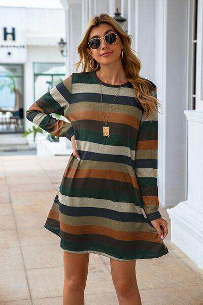 Striped Round Neck Long Sleeve Dress - Trendsi - Flyclothing LLC