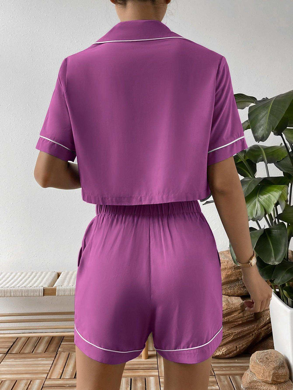 Contrast Lapel Collar Cropped Shirt and Shorts Lounge Set - Trendsi - Flyclothing LLC