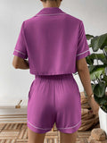 Contrast Lapel Collar Cropped Shirt and Shorts Lounge Set - Trendsi - Flyclothing LLC