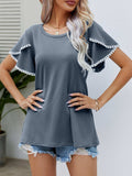 Pom-Pom Trim Flutter Sleeve Round Neck Tee - Trendsi - Flyclothing LLC