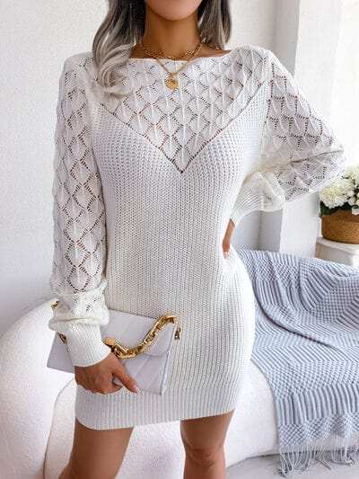 Openwork Boat Neck Sweater Dress - Trendsi - Flyclothing LLC