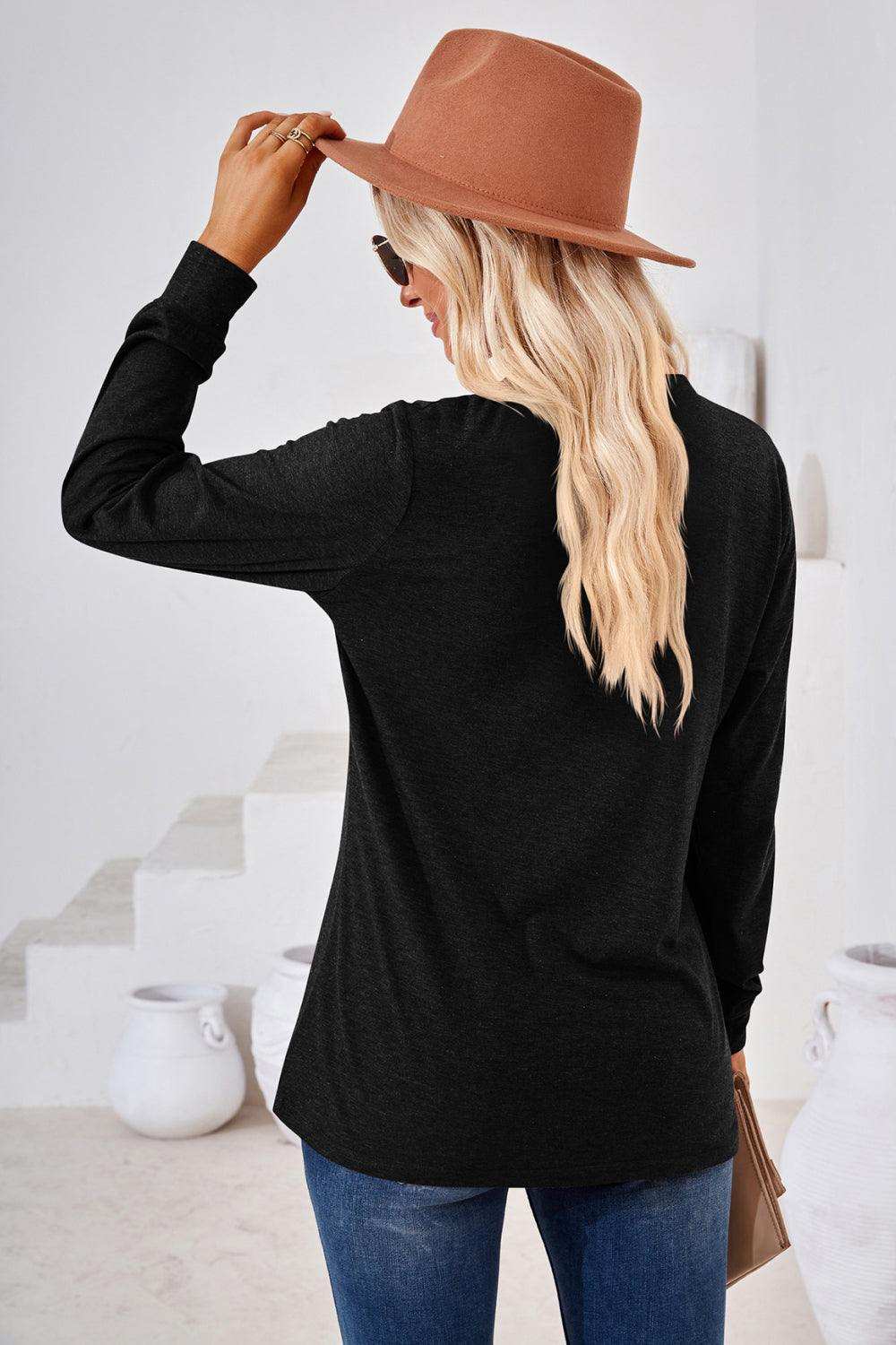V-Neck Buttoned Long Sleeve Blouse - Trendsi - Flyclothing LLC