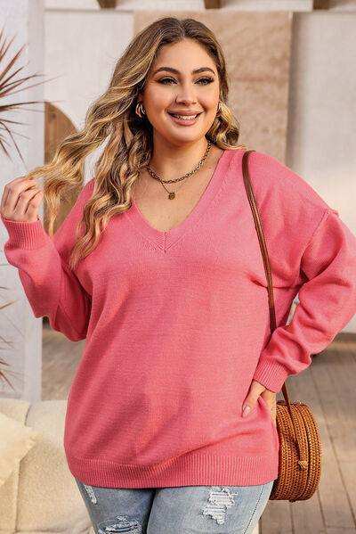 Plus Size V-Neck Dropped Shoulder Sweater - Trendsi - Flyclothing LLC