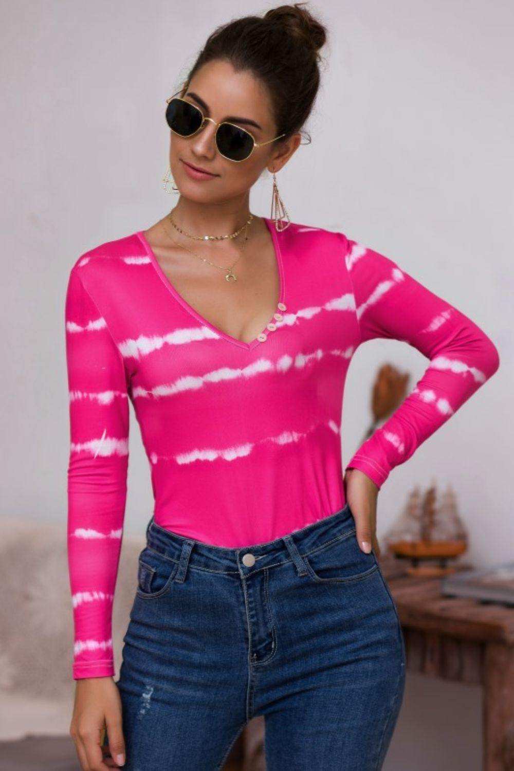 Tie-Dye Plunge Long Sleeve Top - Trendsi - Flyclothing LLC